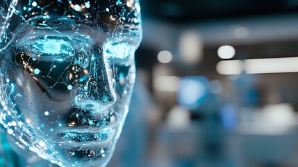 Futuristic translucent face with glowing blue technological elements against blurred background represents artificial intelligence and digital transformation concept.