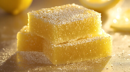 Lemon bars with a buttery shortbread crust and a tangy lemon filling, dusted with powdered sugar.