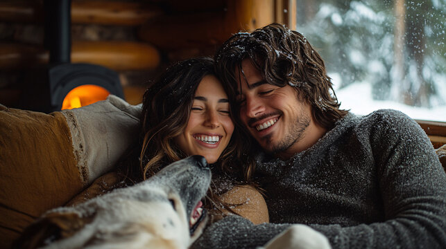 Cozy Winter Couple with Dog by Fireplace