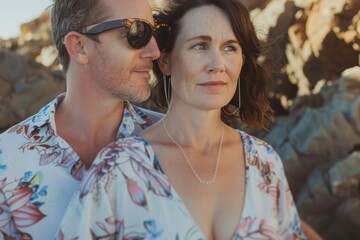 Portrait of a tender caucasian couple in their 30s wearing a trendy sunglasses in rocky shoreline background