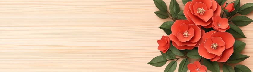 Rustic charm, vibrant red flowers adorn a weathered wooden background in stunning floral display