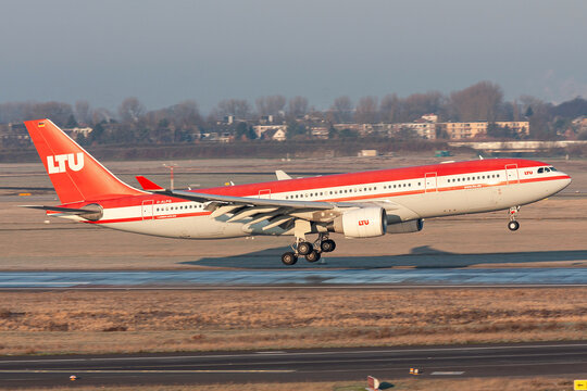Dusseldorf, Germany - December 28, 2008: German LTU Airbus A330-200 with registration D-ALPG on short final for Dusseldorf Airport
