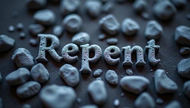 The word "Repent" written in ash and surrounded by symbolic stones