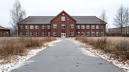 Abandoned brick school building, winter, pathway, overcast sky;  perfect for real estate or historical stock photography