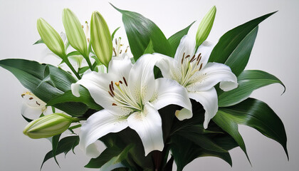 Obraz premium stylish bouquet of white lilies with lush inexperienced leaves best for floral decorations and botanical illustrations