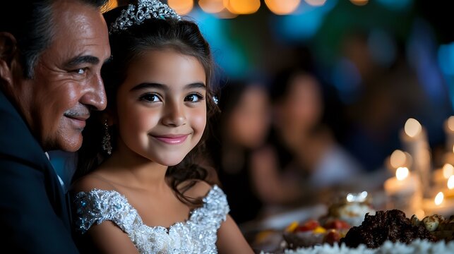 Young Hispanic girl in sparkling white dress and tiara celebrates quinceanera with father at elegant evening reception with candlelight and festive decorations.