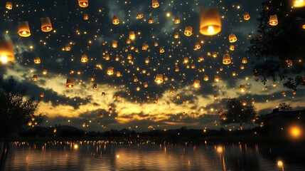 Obraz premium A sky filled with floating paper lanterns, casting a soft golden light over a calm, dark landscape