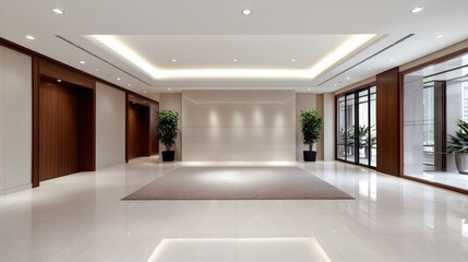 Fototapeta premium Modern lobby interior design, spacious and bright, city view