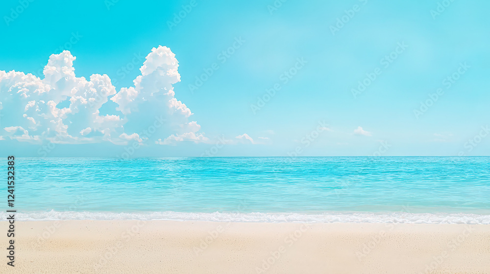 Poster serene beach view with clear blue waters and soft white clouds under a bright sky