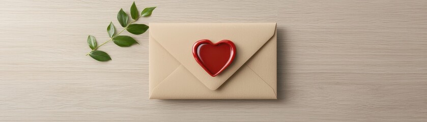 Red heart in brown envelope, symbol of love, affection, and valentine's day red