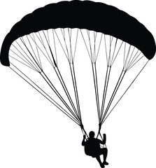 paraglider silhouette black colour with white background. paraglider is flying on a parachute. Strengthens a person