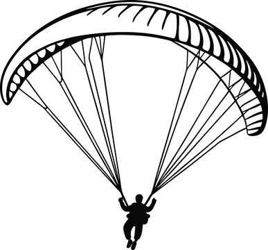 paraglider silhouette black colour with white background. paraglider is flying on a parachute. Strengthens a person