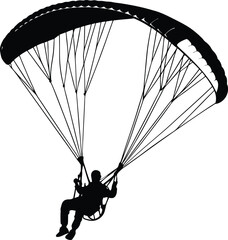 paraglider silhouette black colour with white background. paraglider is flying on a parachute. Strengthens a person