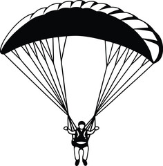 paraglider silhouette black colour with white background. paraglider is flying on a parachute. Strengthens a person