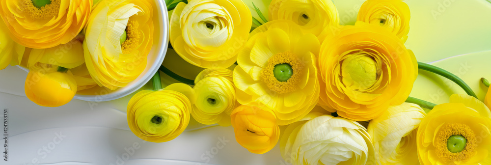 Poster bright yellow ranunculus flowers arranged elegantly on a soft pastel background in a gently lit sett
