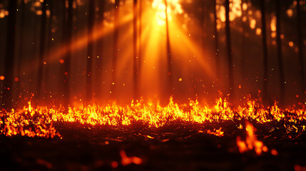A burning forest with animals fleeing