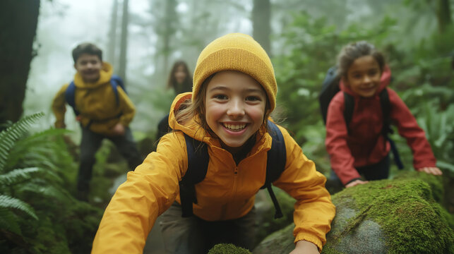 Group of joyful young hikers, wearing vibrant rain jackets and sturdy backpacks, climbing over moss-covered rocks while discovering a mysterious, fog-laden forest