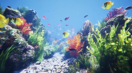 Naklejka premium Vibrant Underwater Scene with Colorful Fish and Lush Coral Reef
