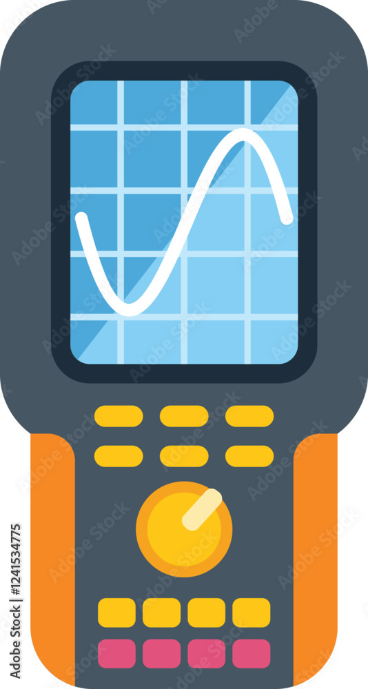 Poster digital oscilloscope displaying a sinusoidal signal on its screen, featuring buttons and control kno