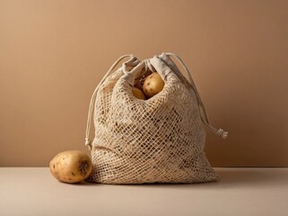 Single Bag of Potatoes Against a Warm Beige Background