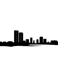 Dense urban skyline silhouettes varying heights black and white flat lay crisp edges silhouetted skyline cityscape architecture illustration building city vector