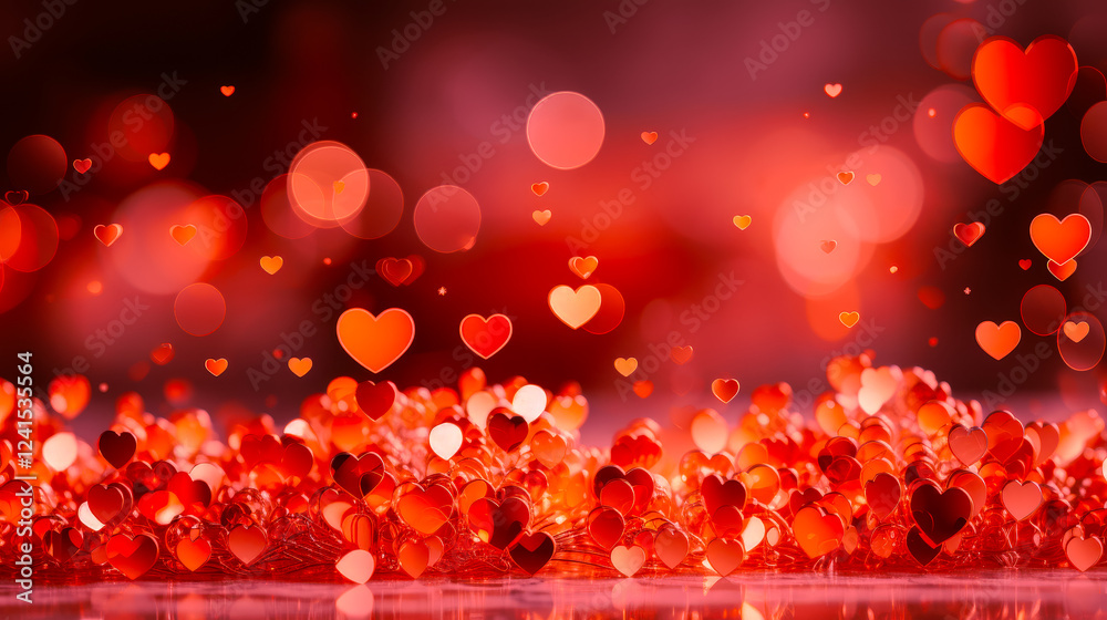 Poster vibrant red hearts float in a dreamy background creating a romantic atmosphere for celebrations