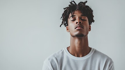 Obraz premium a portrait of a young man looking up with eyes closed and hair on his head 