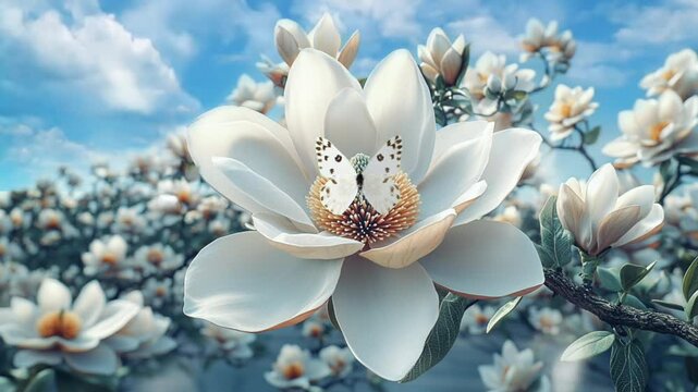 Serene image of a white butterfly delicately perched on a large, pristine magnolia blossom, surrounded by a field of blooming magnolias under a bright, blue sky. Seamless looping 4k time-lapse