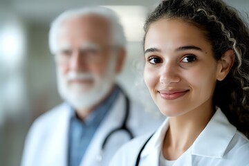 Young mixed race female medical professional in white coat smiling at camera with senior male colleague in background, representing healthcare diversity.