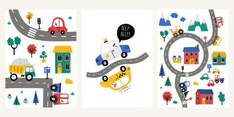 Set of cute cartoon baby boy posters with tractor, police car, taxi, house, excavator in cartoon style. Adorable childish transport, little town map. Print for wall decor in children's bedroom