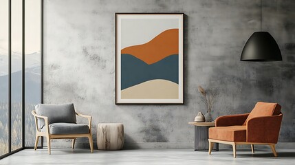 Modern living room with two armchairs, abstract art, and mountain view.