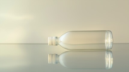 clear biodegradable plastic bottle, resting horizontally, on a reflective glass table