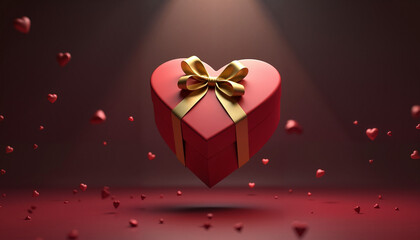 Obraz premium Floating red heart-shaped gift box with gold ribbon