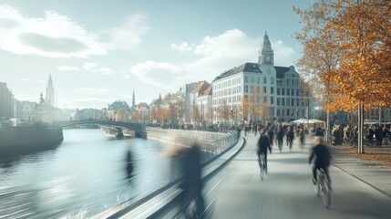 Bustling River Scene with Cyclists and Pedestrians