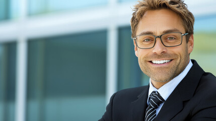 Fototapeta premium Smiling businessman in suit with glasses, exuding confidence and professionalism