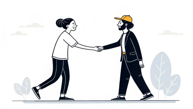 Two people holding hands and greeting each other with smiles in a simple, monochrome style with a minimal nature background. Their friendly interaction suggests a positive and welcoming atmosphere.AI
