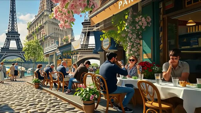 Summer fun at a Parisian street cafe with people enjoying the holiday