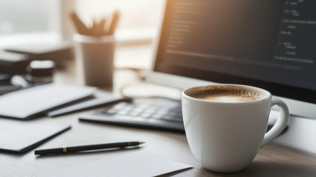 Cup of coffee sitting on a desk in front of a computer displaying lines of code, with a keyboard, pen, paper, and pens in a cup in the background, suggesting a programmer taking a break