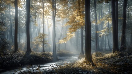 Obraz premium A tranquil forest with tall trees, soft sunlight filtering through the leaves, and a peaceful stream flowing through the woods