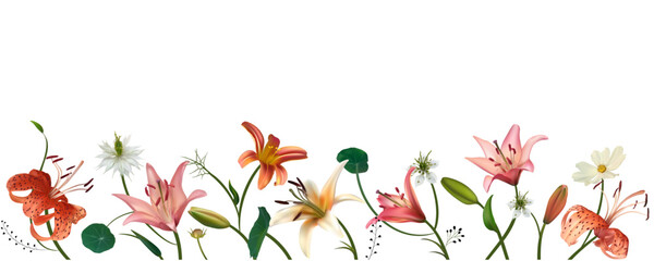 Beautiful pink and tiger lily flowers. Buds. Border. Isolated. Floral background. Bouquet. Green leaves. Set. Border.