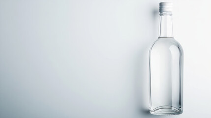 Fototapeta premium Studio shot of a transparent vodka bottle, dramatically illuminated against a plain white backdrop, highlighting product packaging and concepts of minimalism and refreshment