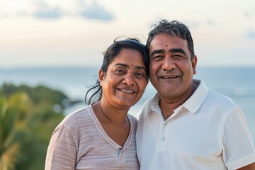 Obraz premium Portrait of a blissful indian couple in their 30s donning a classy polo shirt on calm bay background