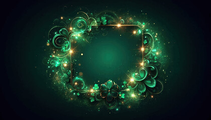 square frame on an emerald background, decorated with sparkling particles, swirls and clover leaves