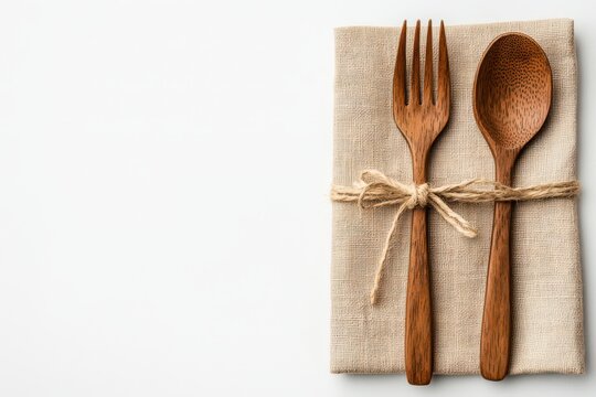Elegant wooden cutlery arranged on a linen napkin with twine for a rustic table setting.