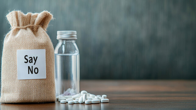 Drug awareness campaign featuring burlap sack, no symbol, scattered pills, water bottle resting on wooden surface against neutral backdrop, conveying powerful anti-drug message