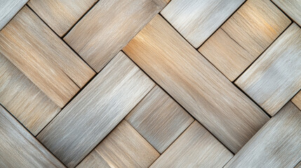 Close-up view of a surface composed of intertwined wooden planks forming a distinctive herringbone pattern, showcasing the natural grain and texture of the wood