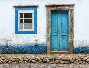 Blue door, whitewashed wall, cobblestone street, colonial town