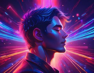 Fototapeta premium Profile of a man with eyes closed, illuminated by vibrant red and blue neon lights and digital light trails 