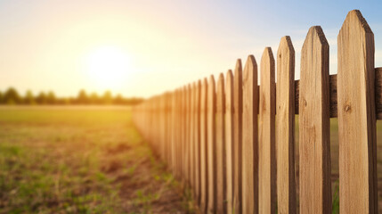 Obraz premium Warm sunlight bathing a wooden fence stretching across a serene field, creating an atmosphere of tranquility and rural charm as the sun sets on a peaceful evening