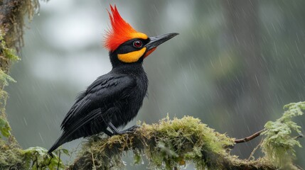 Fiery-crested woodpecker in rainforest, rain
